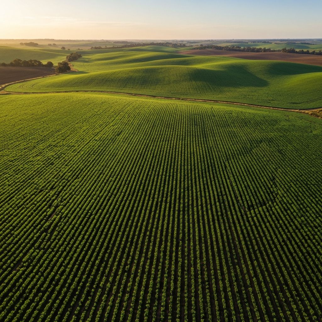 Lush Victorian farmland with green crop rows stretching to the horizon under warm morning light